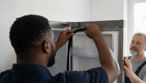 Un technicien installe la bande d'étanchéité d'une porte de réfrigérateur. Un client regarde la réparation se faire dans un intérieur lumineux avec un mur blanc.