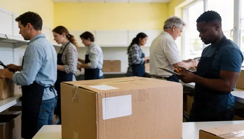 Premier plan d'une boîte en carton avec étiquette, employés travaillant dans un entrepôt aux murs jaunes et étagères.