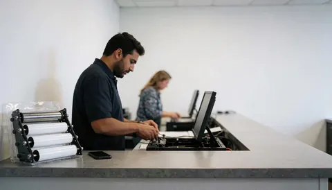 Un technicien effectue la réparation d'une imprimante en utilisant un kit de rouleaux sur une table de service. Le fond est blanc avec un espace vide à droite pour ajouter du texte.