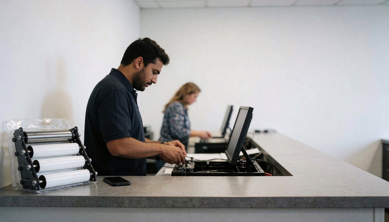 Un technicien effectue la réparation d'une imprimante en utilisant un kit de rouleaux sur une table de service. Le fond est blanc avec un espace vide à droite pour ajouter du texte.