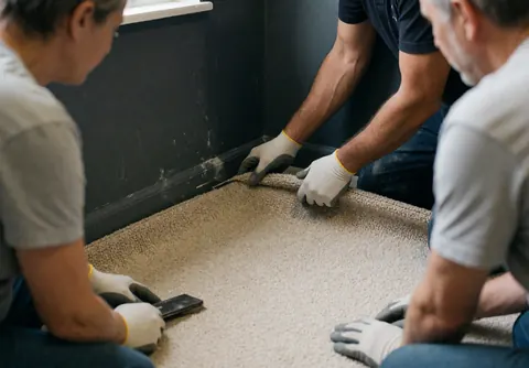 Des mains gantées règlent une moquette beige dans un angle aux murs gris foncé, illustrant un service de pose en cours.