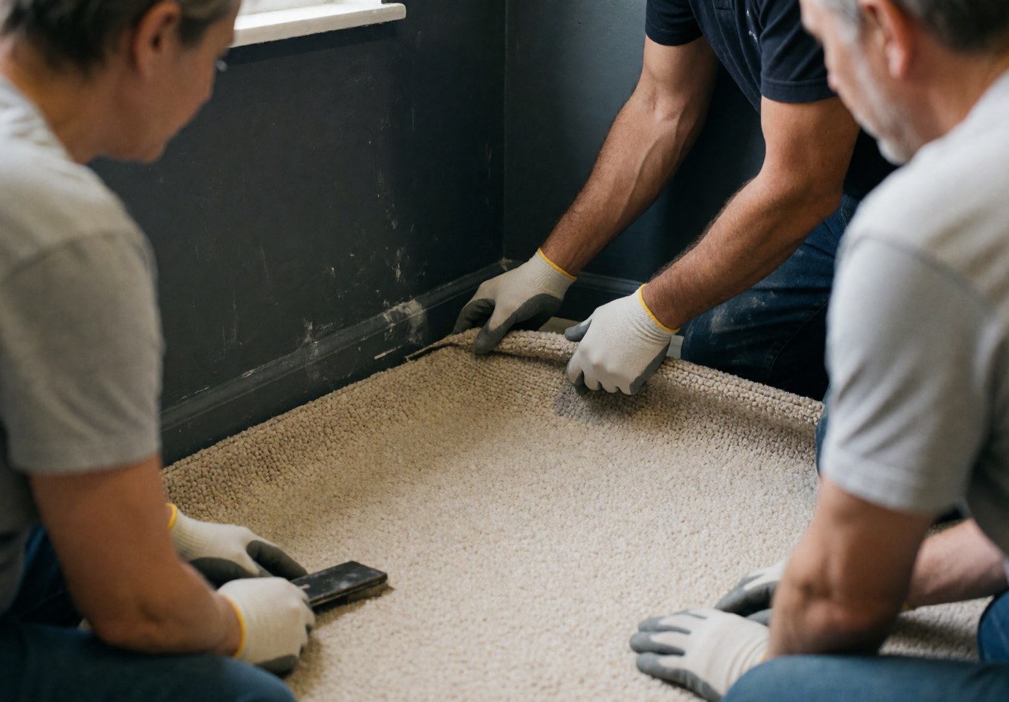 Des mains gantées règlent une moquette beige dans un angle aux murs gris foncé, illustrant un service de pose en cours.