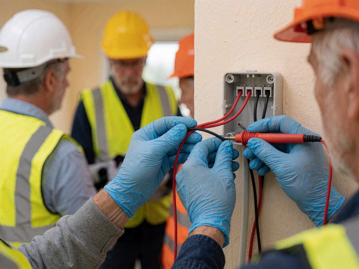 Un électricien portant des gants bleus branche des câbles rouges et noirs dans une boîte blanche, tandis que d'autres travailleurs observent près d'un mur beige.