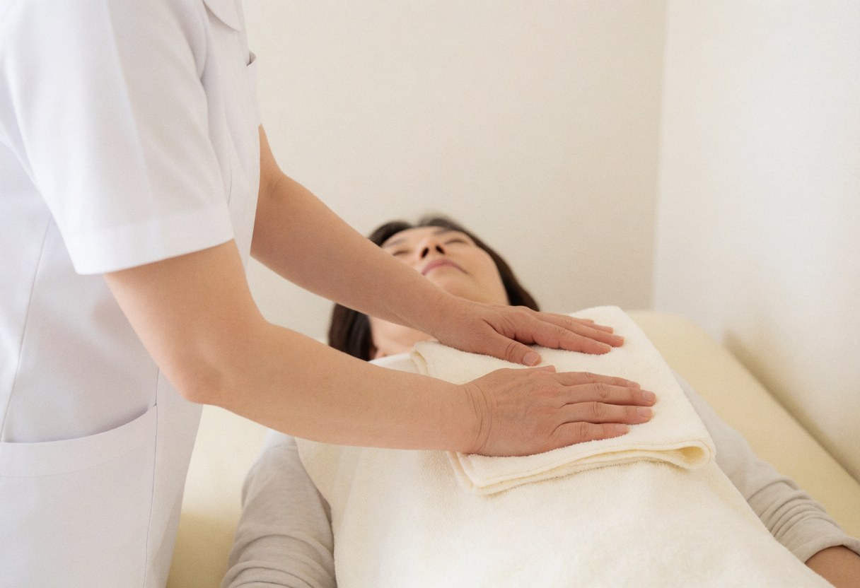 Un thérapeute en uniforme blanc place une serviette sur le torse d'une cliente allongée sur une table de massage dans un cadre relaxant.