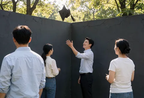 Un jeune diplômé lance son bonnet vers le ciel devant un mur sombre, entouré d'amis souriants sous la lumière du soleil.