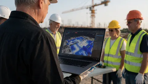 Un pilote de drone utilise un ordinateur portable pour afficher un modèle 3D sur un chantier, avec une grue et des équipements de sécurité visibles.