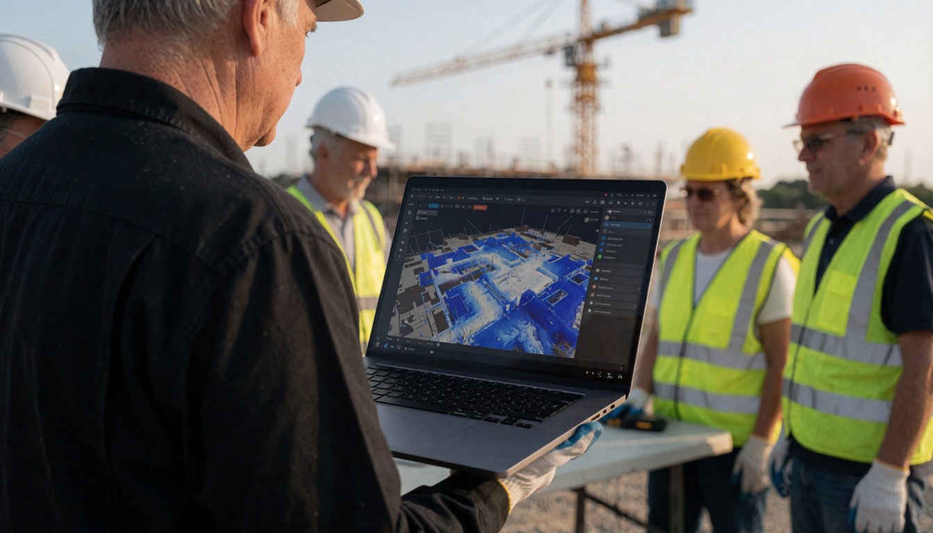 Un pilote de drone utilise un ordinateur portable pour afficher un modèle 3D sur un chantier, avec une grue et des équipements de sécurité visibles.