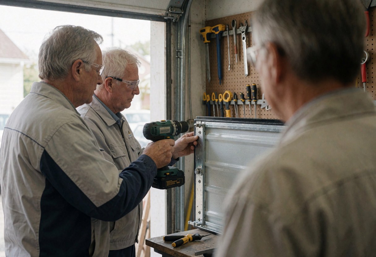 Un technicien en uniforme installe un panneau de porte de garage à l'aide d'une perceuse, montrant des outils et une scène de service en action sur un mur.