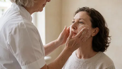 Thérapeute appliquant un exfoliant facial sur le visage d'une cliente dans un salon aux murs beige et à la lumière naturelle.