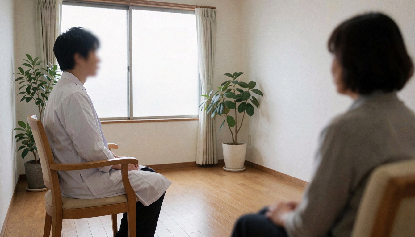 Un praticien en homéopathie accueille un patient dans un bureau lumineux aux tons verts et blancs, décoré de plantes et de meubles en bois.