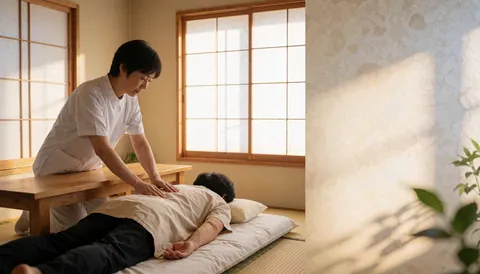 Un praticien shiatsu réalise un massage dorsal sur un client allongé sur un futon dans une pièce japonaise éclairée par la lumière naturelle filtrant à travers des parois shoji.