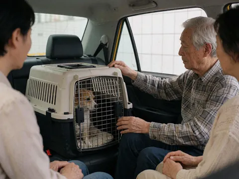 Un chien est placé dans une cage de transport à l'intérieur d'un taxi tandis qu'une personne âgée ajuste la cage pour assurer le transport sécurisé de l'animal.