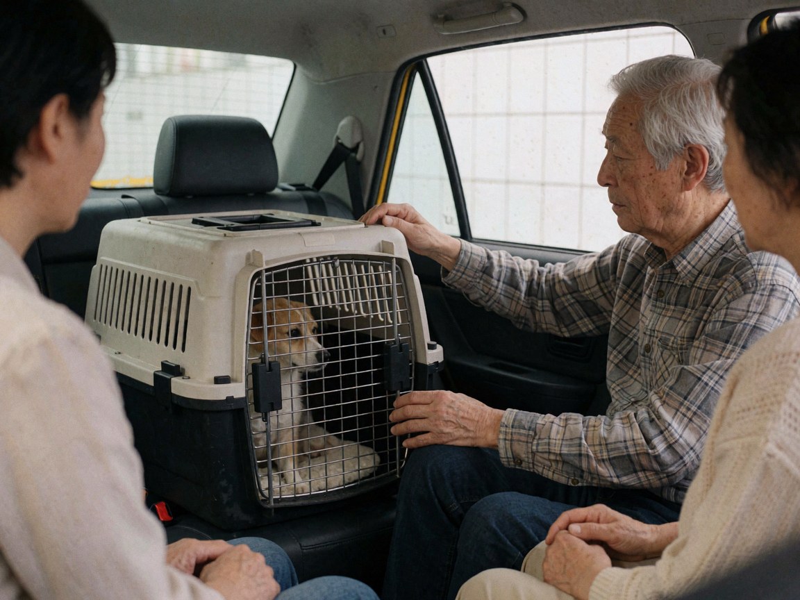 Un chien est placé dans une cage de transport à l'intérieur d'un taxi tandis qu'une personne âgée ajuste la cage pour assurer le transport sécurisé de l'animal.
