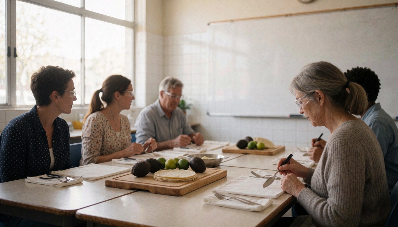 Cours de cuisine avec avocats, citrons verts et tortillas sur une longue table, personnes participant à la classe.
