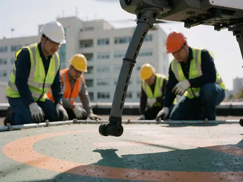 Un drone aérien effectue son atterrissage sur une plateforme de toit tandis que des travailleurs en équipement de sécurité, casques et gilets réfléchissants, surveillent l'opération sous un soleil éclatant.