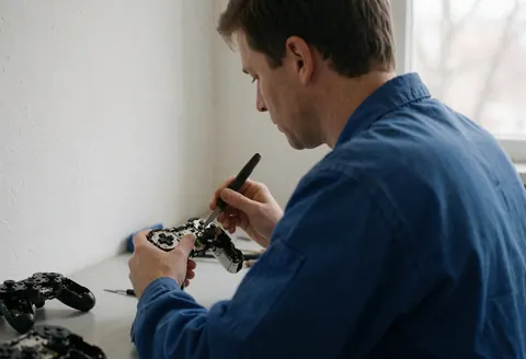 Un technicien en atelier répare une manette de jeu vidéo à l'aide d'un tournevis, sur fond blanc et lumière naturelle.