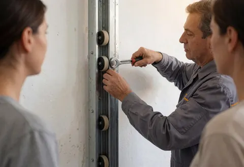 Un technicien effectue un ajustement sur les roulettes de guidage d'une porte de garage, utilisant une outil de réglage dans un intérieur aux murs blancs.