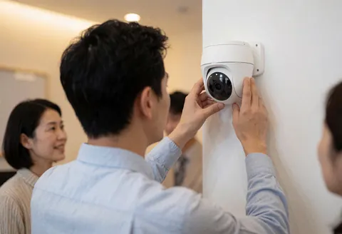 Un technicien pose une caméra domo blanche sur un mur d'office pendant que des clients observent la procédure.