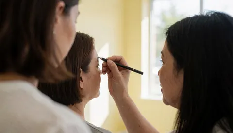 Technique professionnelle de dessin des sourcils au crayon dans un salon aux murs jaunes et à la lumière naturelle.