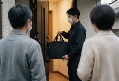 Personne portant un masque effectuant une livraison de colis à domicile dans un intérieur lumineux, service de logistique du dernier kilomètre en action.
