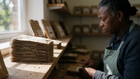 Une personne travaille avec des sacs de graines dans un centre éducatif éclairé par la lumière naturelle, avec des étagères de matériel pédagogique en arrière-plan.