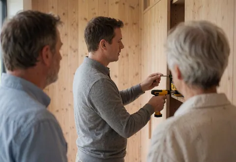 Un menuisier utilise une perceuse électrique pour installer un placard intégré dans un couloir aux murs en bois, tandis que des clients observent le travail.