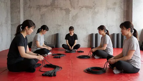Cinq femmes assises en cercle sur un tatami rouge avec des cordes à sauter noires dans un gymnastique aux murs de béton, préparant une classe de boxe féminine.