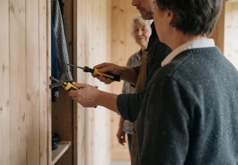 Un menuisier installe un placard en bois naturel, le client observe le travail avec des outils de charpenterie.