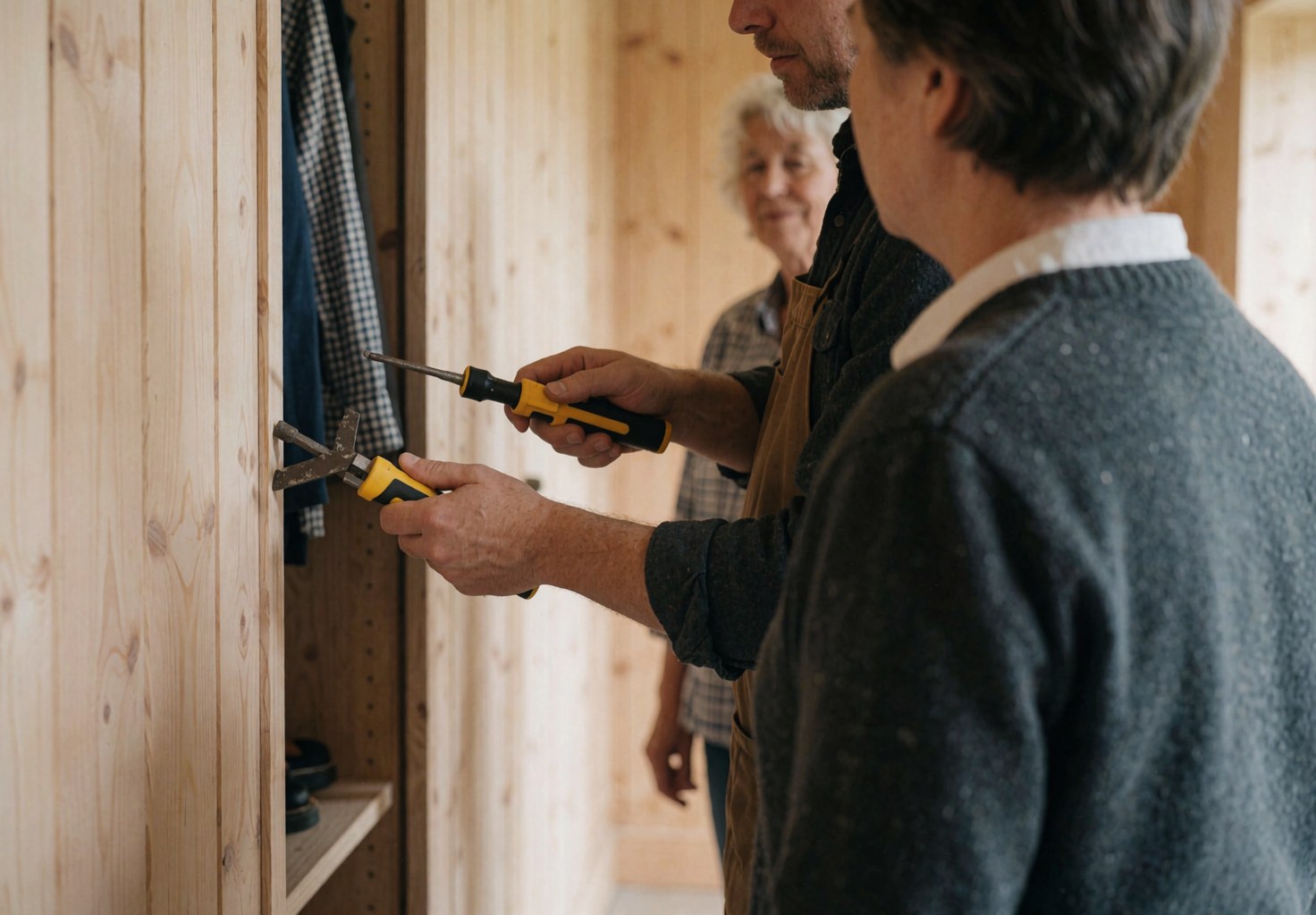 Un menuisier installe un placard en bois naturel, le client observe le travail avec des outils de charpenterie.