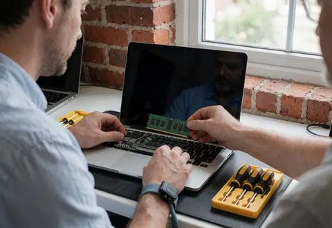 Un technicien installe une barrette de RAM verte dans un ordinateur portable ouvert posé sur une table avec des outils, devant un mur en briques rouges, illustrant un service de réparation électronique en action.