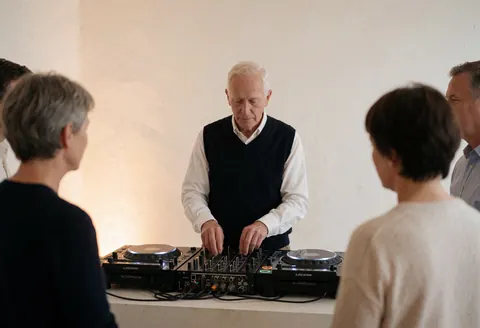 Un DJ professionnel règle son équipement de mixage lors d'une fête, tandis qu'un public regarde la scène dans une ambiance moderne et chaleureuse.