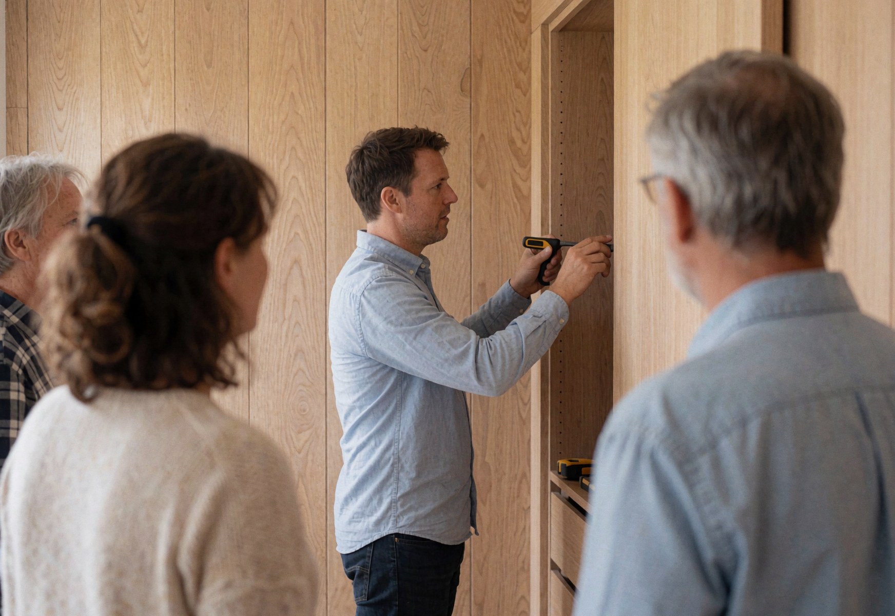 Un menuisier installe un placard en bois clair dans un couloir aux murs également en bois, tandis que des clients observent attentivement le travail.