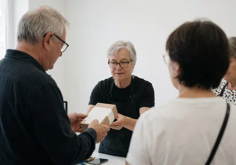 Une personne reçoit un produit sur une table dans un studio moderne avec des murs blancs et de la lumière naturelle.
