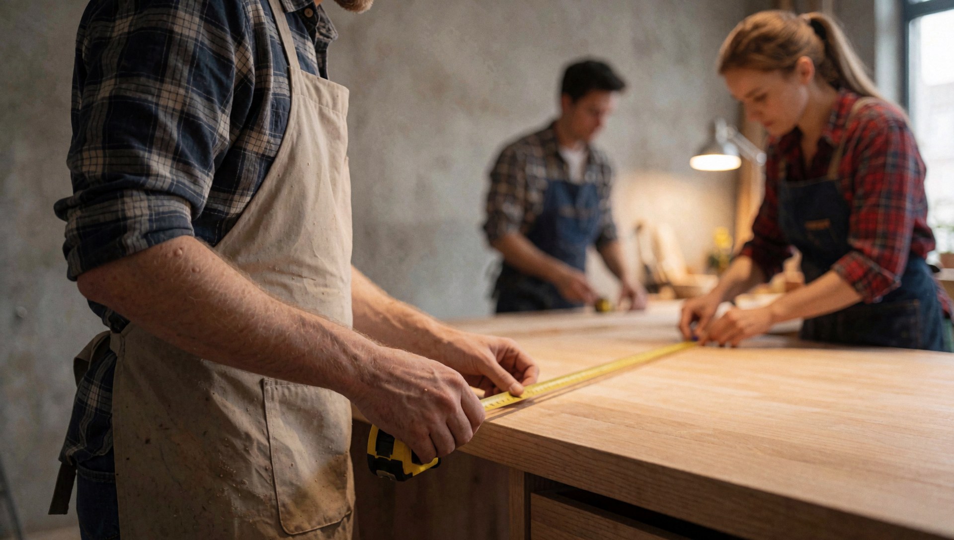 Un menuisier professionnel mesure une table en bois clair équipée d'un tablier au sein d'un atelier aux murs de béton, éclairé par une lumière chaude et entouré d'outils.
