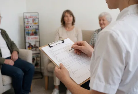 Un thérapeute en tenue blanche examine un document dans une salle d'attente avec des clients assis au fond.