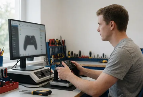 Un technicien ajuste une manette de jeu vidéo sur une station d'essai dans un atelier bien éclairé, entouré d'outils et d'écrans.