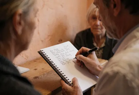Un professionnel note des informations dans un cahier lors d'une consultation, avec un client en arrière-plan sur fond de mur terracotta et table en bois.