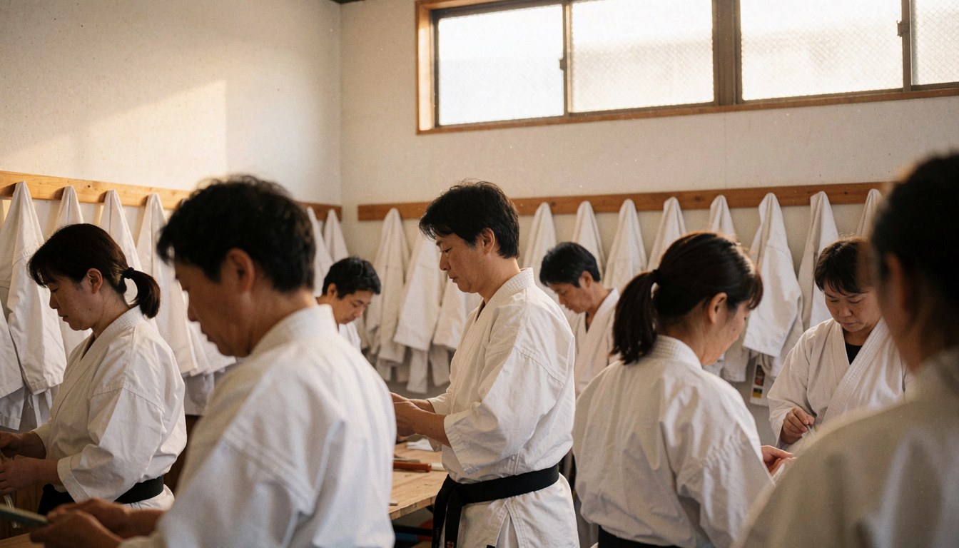 Des étudiants en karaté pratiquent des techniques dans un dojo avec des kimonos blancs suspendus et une lumière naturelle entrant par les fenêtres.