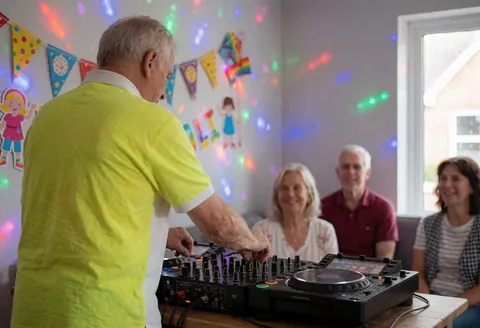 Un DJ professionnel ajuste les contrôles de sa console de mixage au milieu d'éclairages colorés et de décorations de fête.