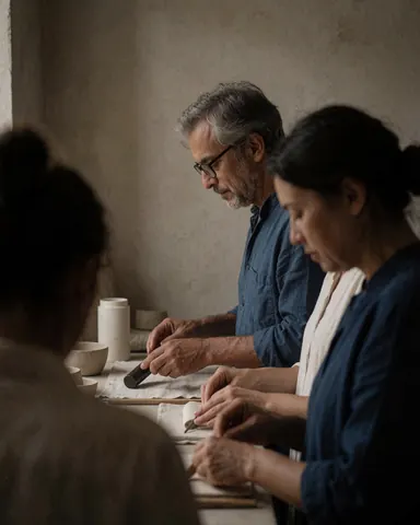 Trois personnes réalisant des travaux de céramique dans un atelier aux murs neutres, avec des outils et une toile blanche sur la table.