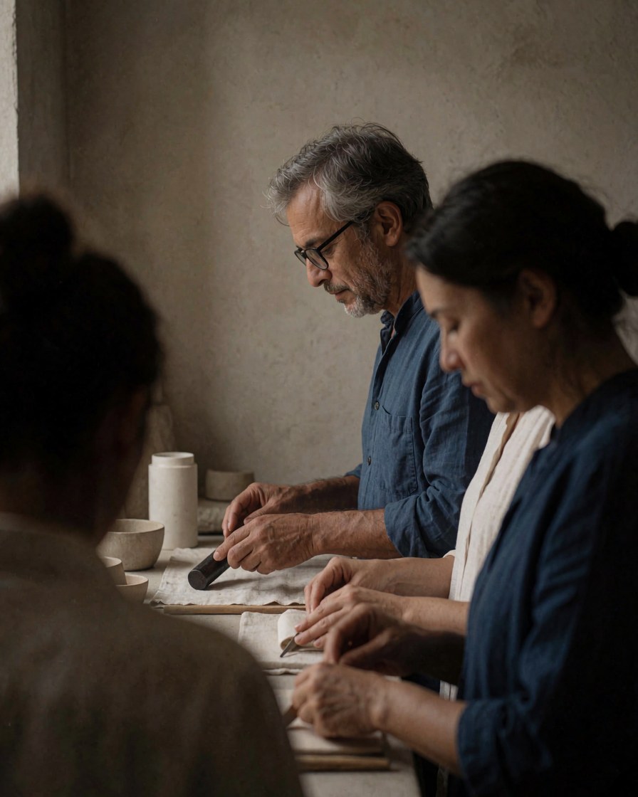 Trois personnes réalisant des travaux de céramique dans un atelier aux murs neutres, avec des outils et une toile blanche sur la table.