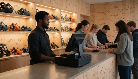 Un caissier accueille des clients derrière le comptoir d'un magasin d'escalade, avec des casques sur une étagère et des murs en bois clair.