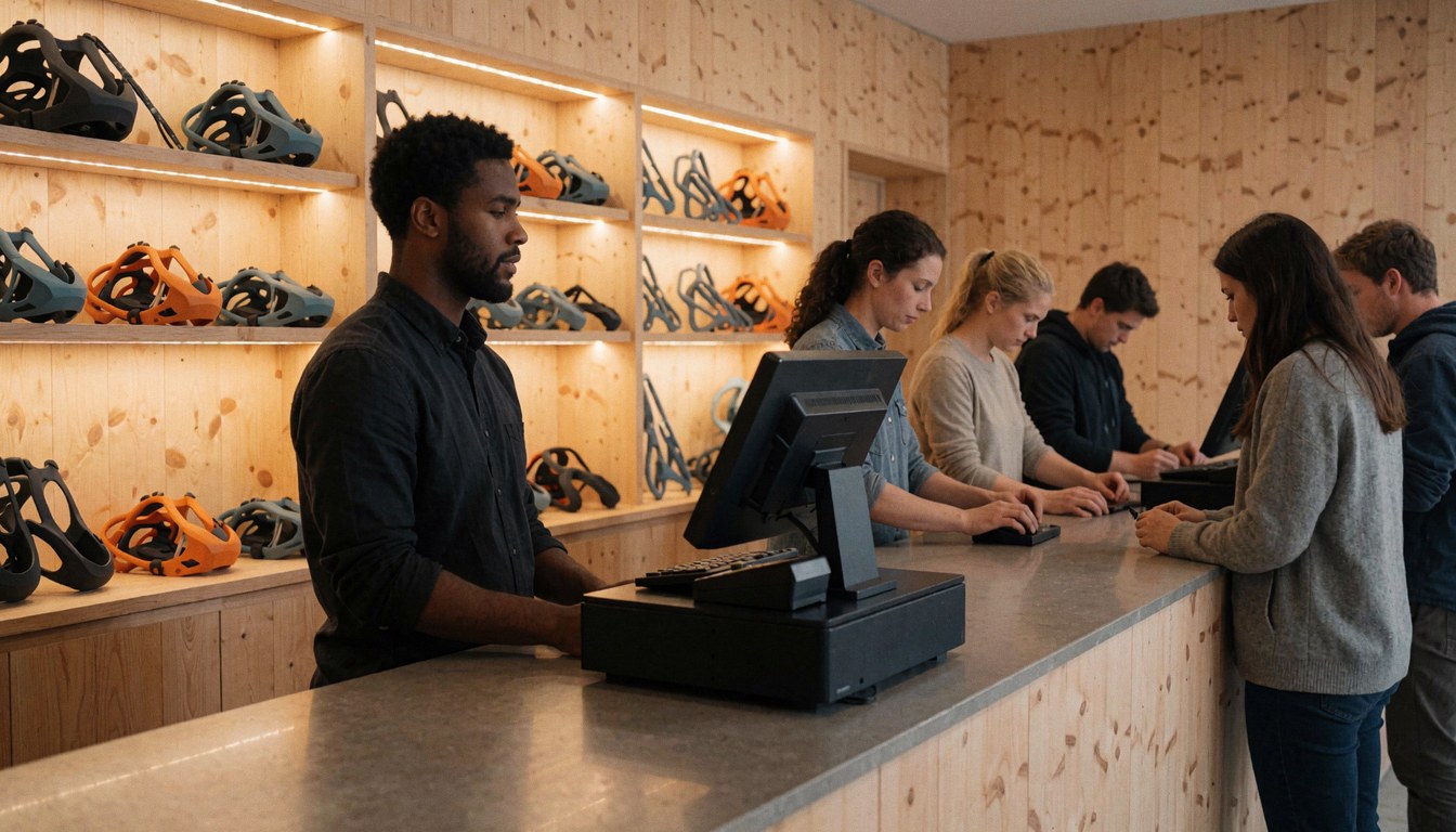 Un caissier accueille des clients derrière le comptoir d'un magasin d'escalade, avec des casques sur une étagère et des murs en bois clair.