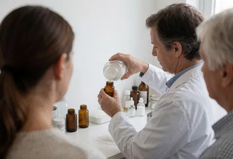 Un homéopathe en blouse blanche observe des globules blancs dans un flacon ambré, avec des clients en arrière-plan dans une clinique.