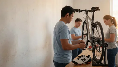 Trois personnes réparent un vélo sur un support dans un atelier à murs blancs. Une chaussure de cyclisme repose sur la table parmi les outils.