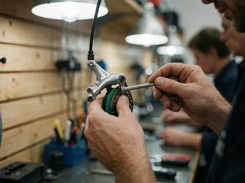 Un mécanicien ajuste un frein à disque dans un atelier avec des outils et des lumières de travail, scène de réparation de vélos.