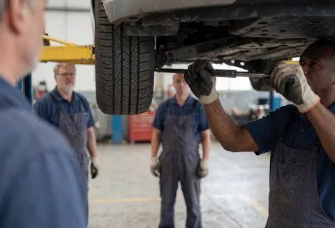 Un mécanicien en tenue de travail ajuste un tube de suspension sous un véhicule dans un atelier industriel pendant que d'autres collègues observent.