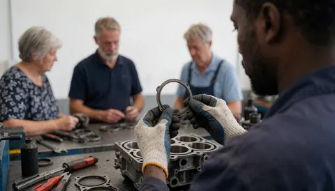 Un mécanicien portant des gants examine attentivement un segment de piston posé sur un cylindre de moteur dans un atelier aux murs blancs.