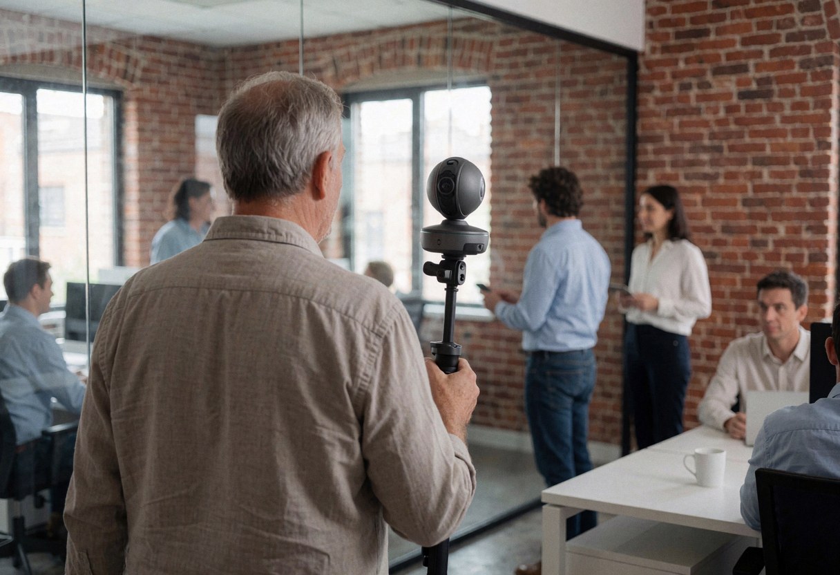 Un photographe utilisant une caméra 360 degrés sur un monopode dans un espace de travail contemporain aux murs apparents, avec des collaborateurs en arrière-plan.