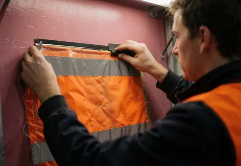 Un technicien pose un tissu orange à bandes argentées sur un mur rose dans un atelier textile, illustrant un service en cours.
